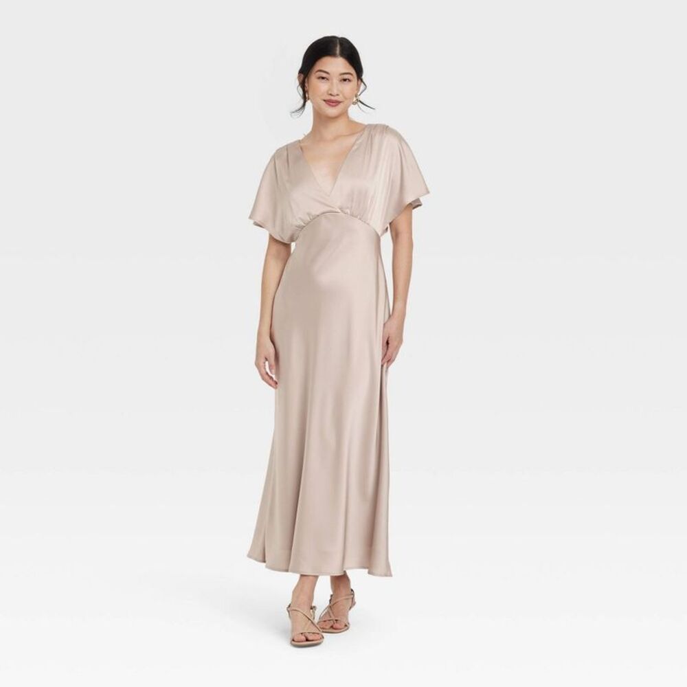 Women's Satin Flutter Short Sleeve Deep V-Neck Maxi Dress - Tan (M)